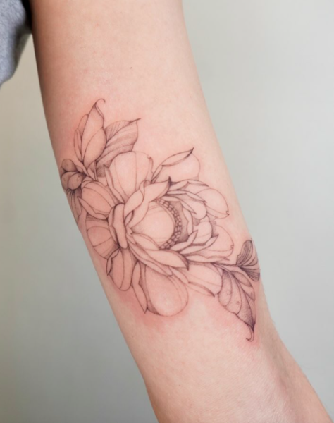 Fine line floral tattoo black and gray outline Pinterest Tattoo