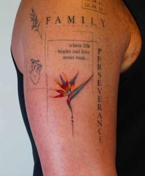 Bird of paradise tattoo, colorful floral finalize dainty tattoo